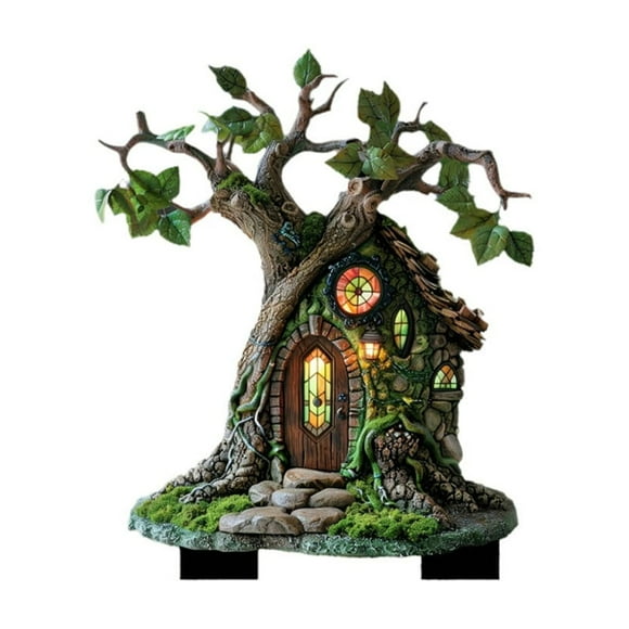 4 Pcs **"Acrylic Garden Decor Stake - Fairy Treehouse Design, Weather-Resistant, 8.3x11.8in Green Yard Art for Outdoor Landscape Decoration"**