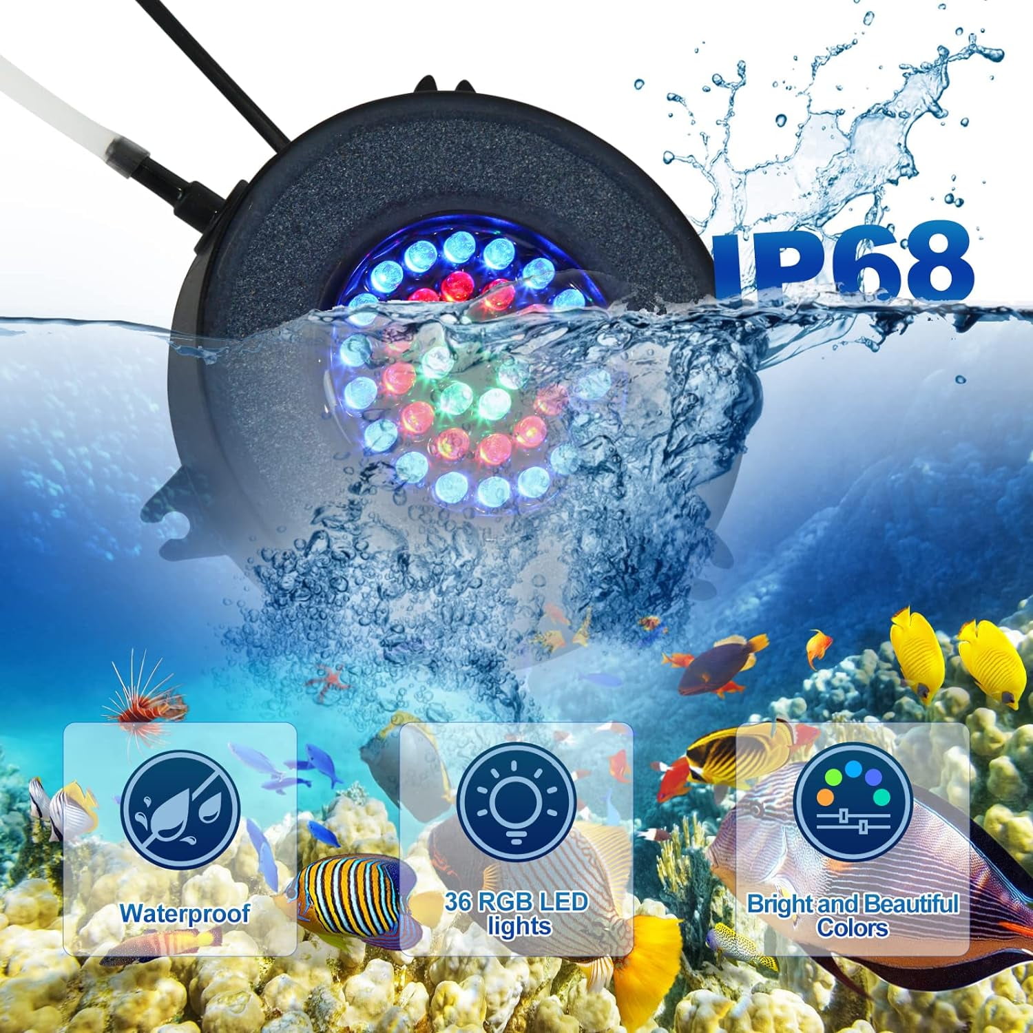 Aquarium Light with Timer for Fish Tank,LED Fish Tank Bubbler Stone Disk Light, Aquarium Oxygenation Kit, Submersible Fish Tank Decorations Accessories for Fish Tank Decoration, Turtle Fish Tank Deco