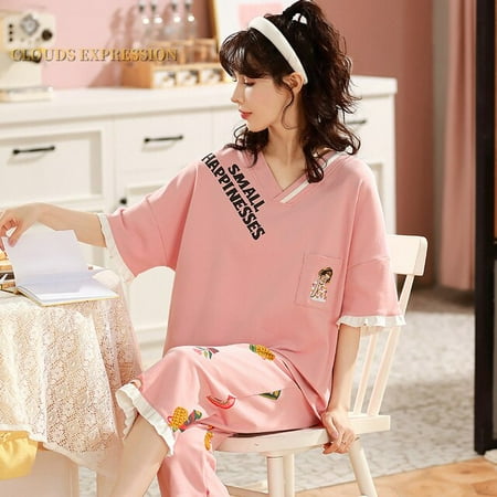 

QWZNDZGR New Arrivals Knitted Cotton Summer Short Sleeved Plus Size M-5XL Women Pajamas Set Pyjamas Women Sleepwear Cute Cartoon Pijamas