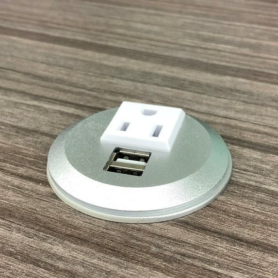 Pwr Plug Power Grommet for Desk Office Furniture Fits 2"-2.5" Standard Grommet Hole 1 AC Outlets 2 USB Charging Ports ETL Listed (Silver)