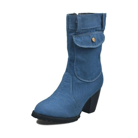 

Ymiytan Womens Mid Calf Boots Fashion Denim Winter Shoes Blue 8.5