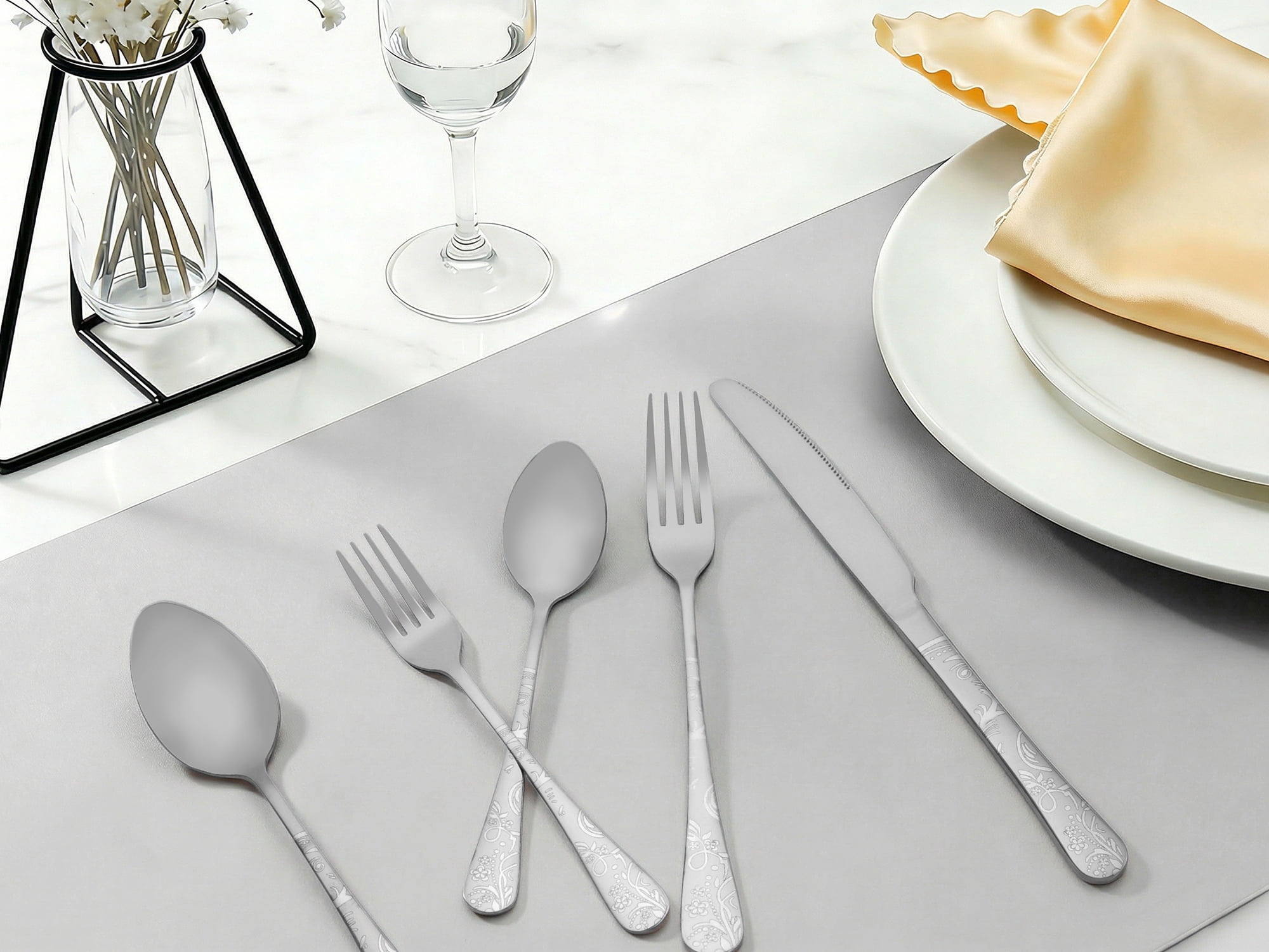 Unique Bargains 20 Piece Stainless Steel Floral Flatware Silverware Set for 4 Silver