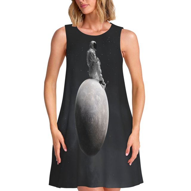 Easygdp Astronaut Sitting On Mercury Planet para Vestido Transpirable de Mujer, Vestido Suelto de Manga Corta con Pliegues y Bolsillos para el Verano