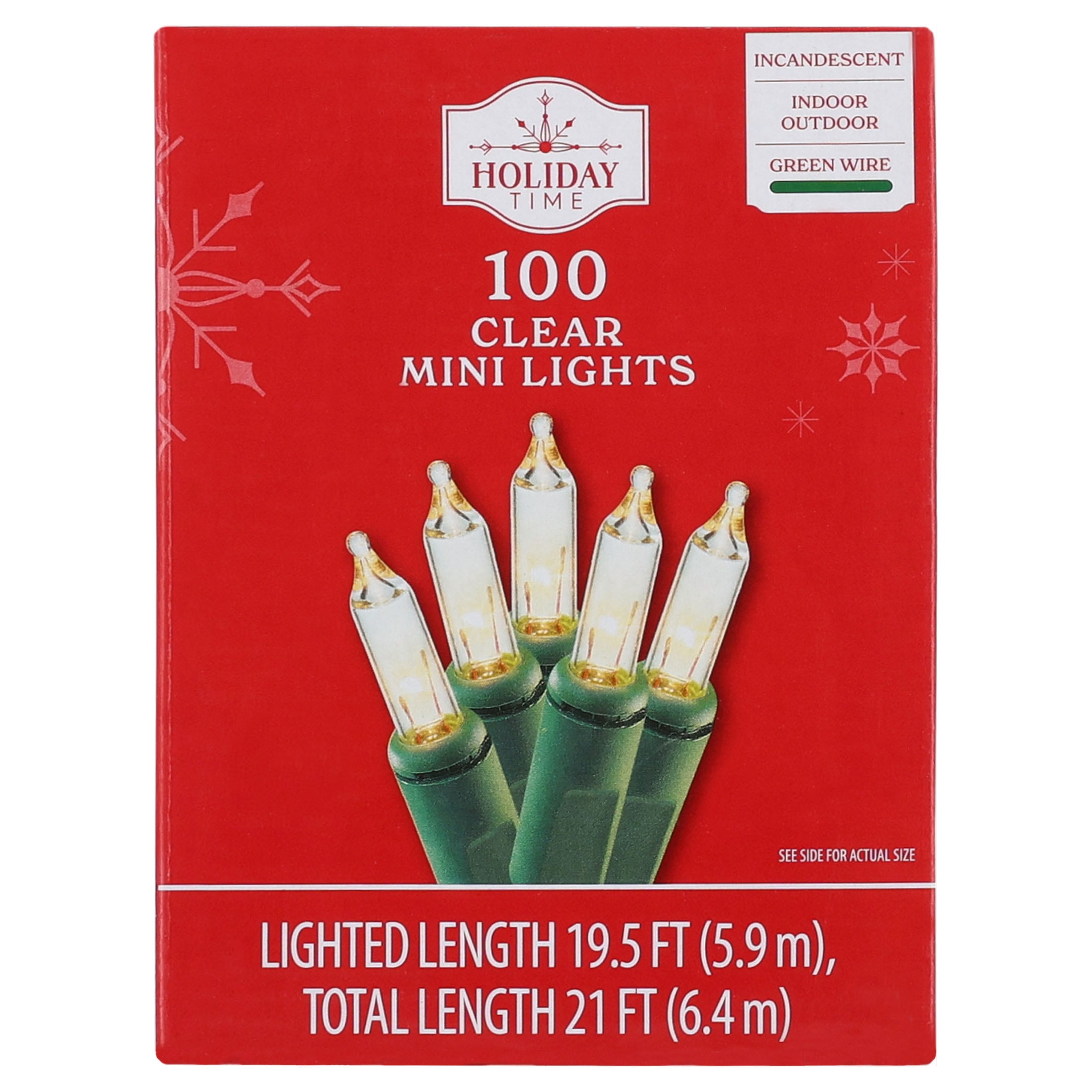 Indoor/Outdoor 100-Count Incandescent Mini Christmas String Lights, Clear, Green Wire, 19.5', by Holiday Time
