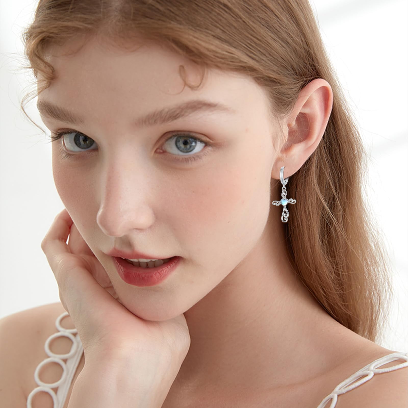 Coachuhhar Cross Hoop Earrings for Women 925 Sterling Silver Huggie Earrings Tiny Cartilage Earrings Mini Hoops Earrings Small Earrings Heart Moonstone Jewelry for Mother's Day