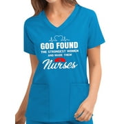Haite Women Nurse Scrubs T-shirts Letter Print Short Sleeve Top V Neck Uniforms with Pockets
