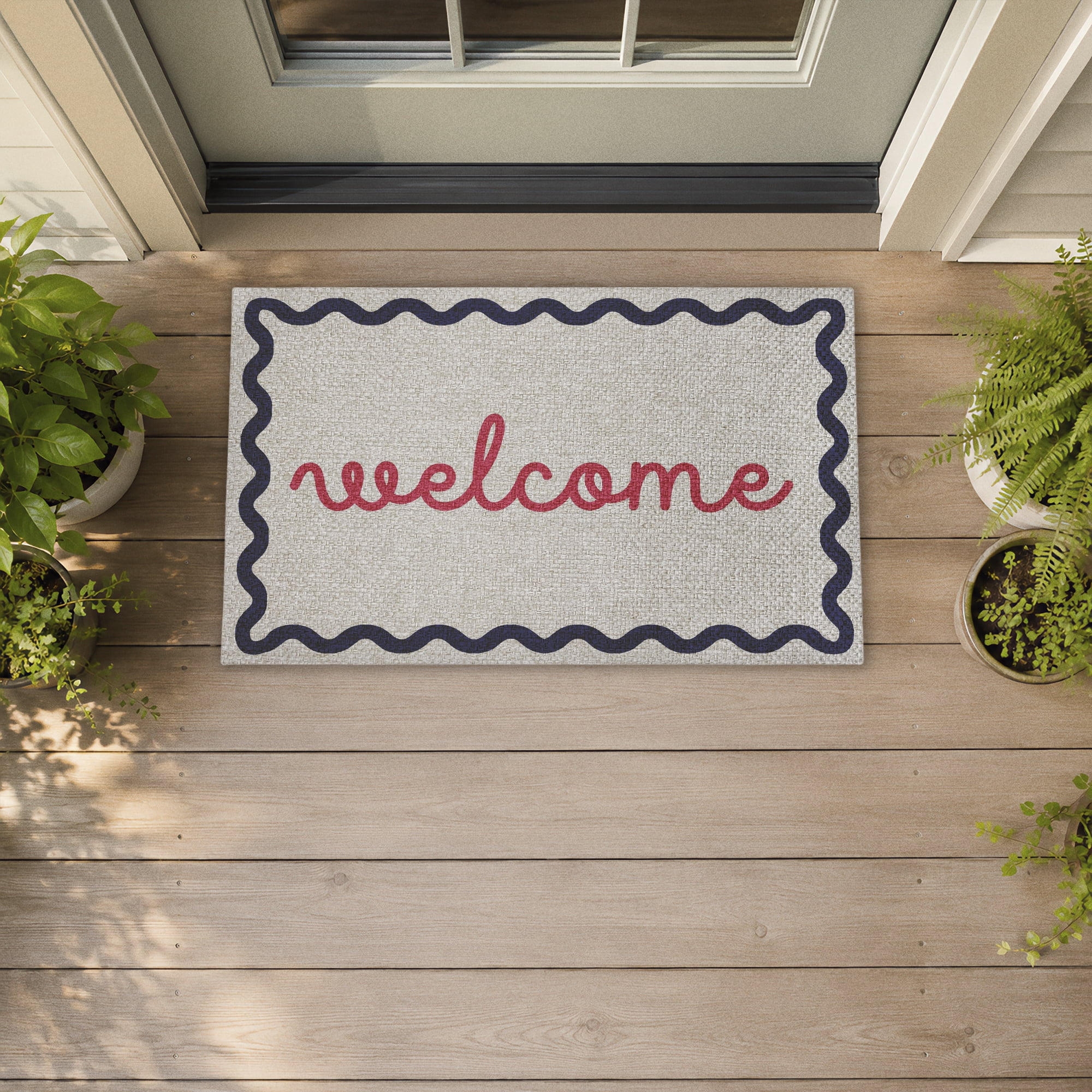 Stupell Industries Eclectic Welcome Blue & Pink Printed Outdoor Imitation Sisal Floor Mat, design by Lil' Rue