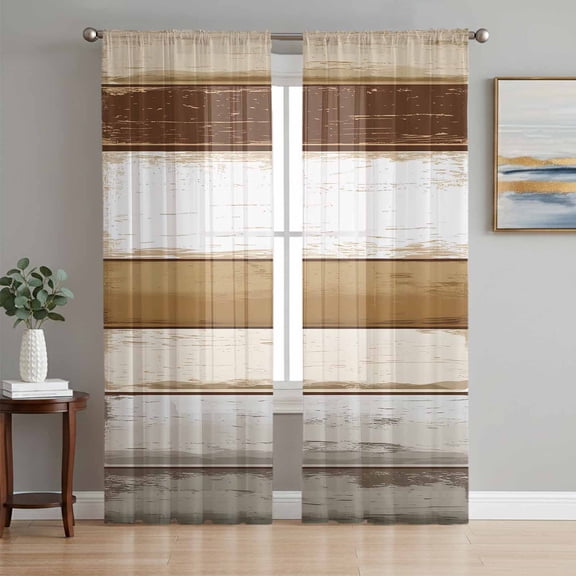 Brown Wood Grain Sheer Curtains 96 Inch Length 2 Panels Set, Vintage Country Geometric Striped Voile Window Treatment Semi Sheer Long Curtains Drapes for Bedroom/Living Room/Kitchen 52"x96"x2