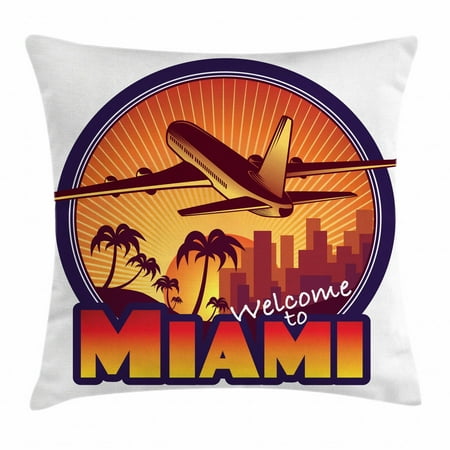 Indigo Palm Beach Florida Throw Pillow Cushion Cover, Welcome to Miami Airplane Palms and City at Sunset Graphic Circle, Decorative Square Accent Pillow Case, 24 X 24 Inches, Indigo Burnt Orange Brown, by Ambesonne ()