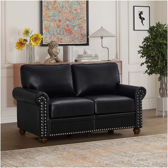 Modern Black PU Leather Loveseat Sofa with Storage for Living Room