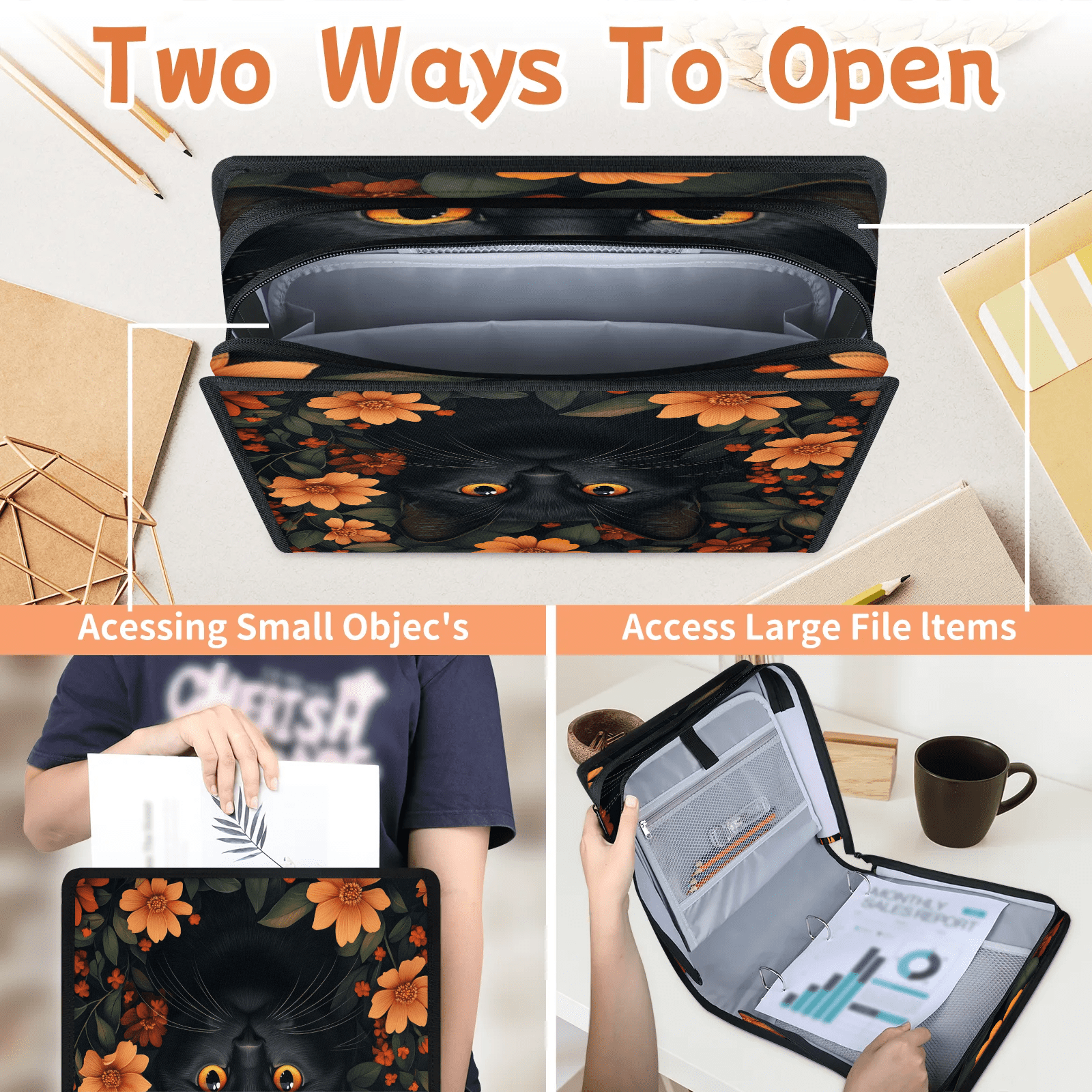 Herdesigns Black Cat Zipper Binder with Shoulder Strap, Waterproof 1.5 Inch 3 D-Ring Binder Organizer Bag, Fits 13 Inch Laptop for Work, Cute Cat