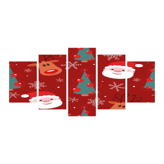 Holiday 5 Panels Acrylic Glass Wall Art, Smiling Cartoon Santa with Rudolph Tree and Snowflake Christmas Holiday, Accent for Living Room, Bedroom, Dorm, 60" x 30", Multicolor Red, by Ambesonne