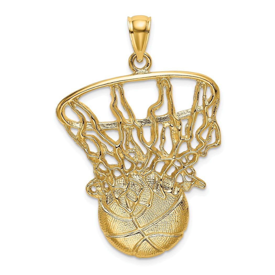 Jewelry 14k Gold Swoosh Basketball and Net Charm Pendant Necklace