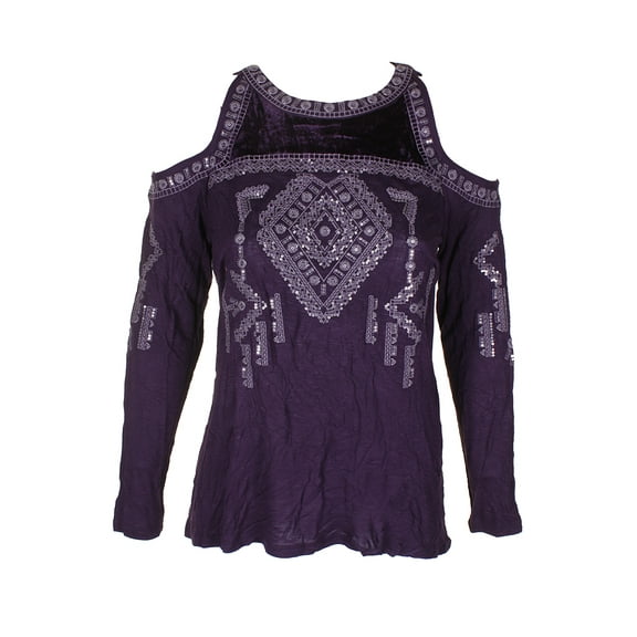 INC International Concepts Petite Velvet Trim Cold Shoulder Top Purple PM