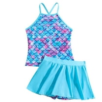 GYRATEDREAM Girls 2-Piece Bathing Suit Kids Sleeveless Adjustable Spaghetti Strap Mermaid Scale Print Swimsuit Tankini Sets with Short Skirt Swimwear Light Blue for 3-12 Years