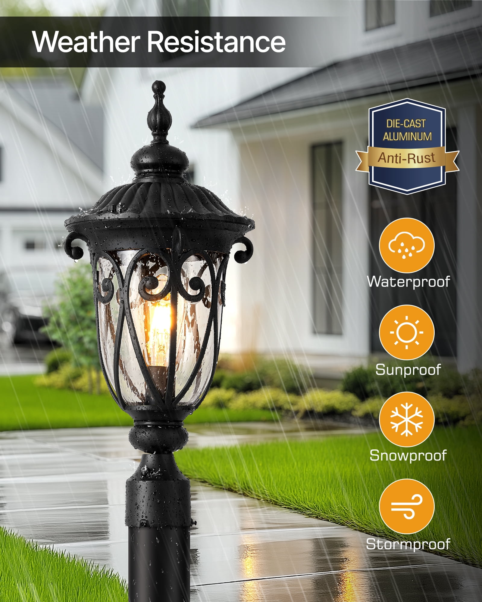 VIANIS 23.8" Large Outdoor Post Lights, Black Dusk to Dawn Outdoor Post Light, Waterproof Aluminum Retro Style Post Lights Outdoor with Glazed Bubble Glass for Driveway, Yard, Garden, 120V AC
