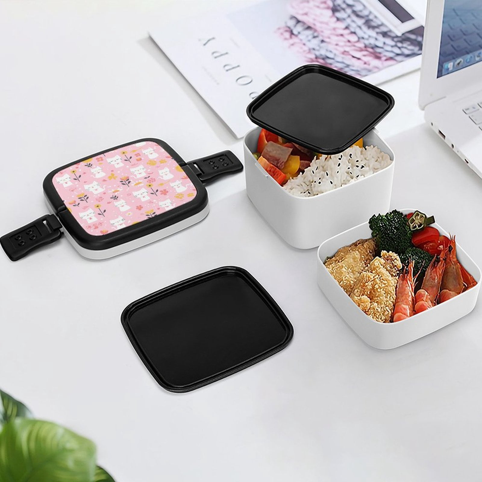 5.3×4.3in Double-Layer Bento Box Sealing Leakproof Partition Design Buckle Design Convenient Switch With Handle Cartoon Cat And Flowers