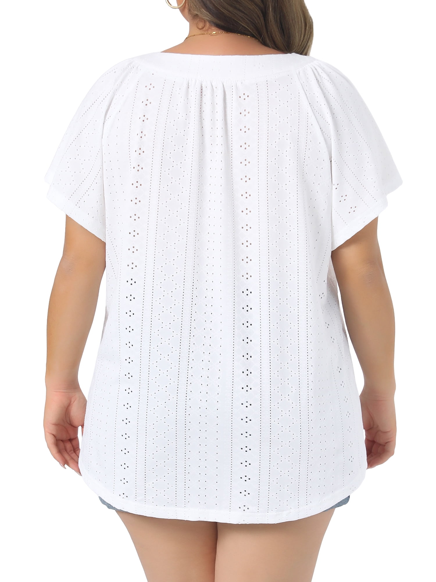 Women's Plus V Neck Short Sleeve Eyelet Embroidery Casual Blouse 1X White