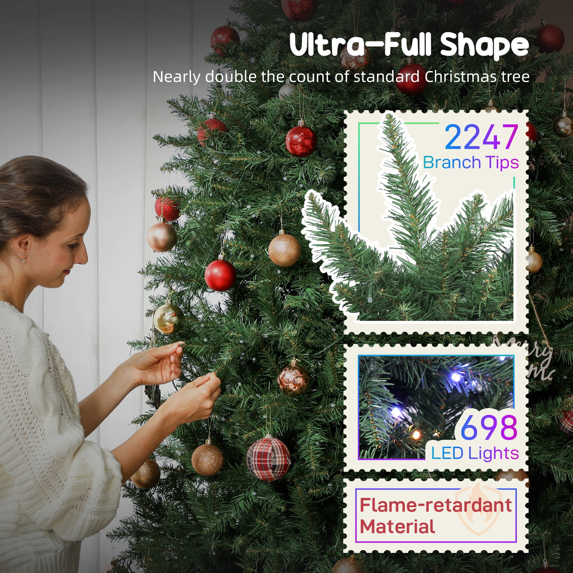 Astoutdoor 7.5 ft Prelit Christmas Tree with Full-Spectrum LED Lights, 2247 Tips, 698 LEDs, Steel Frame, Green