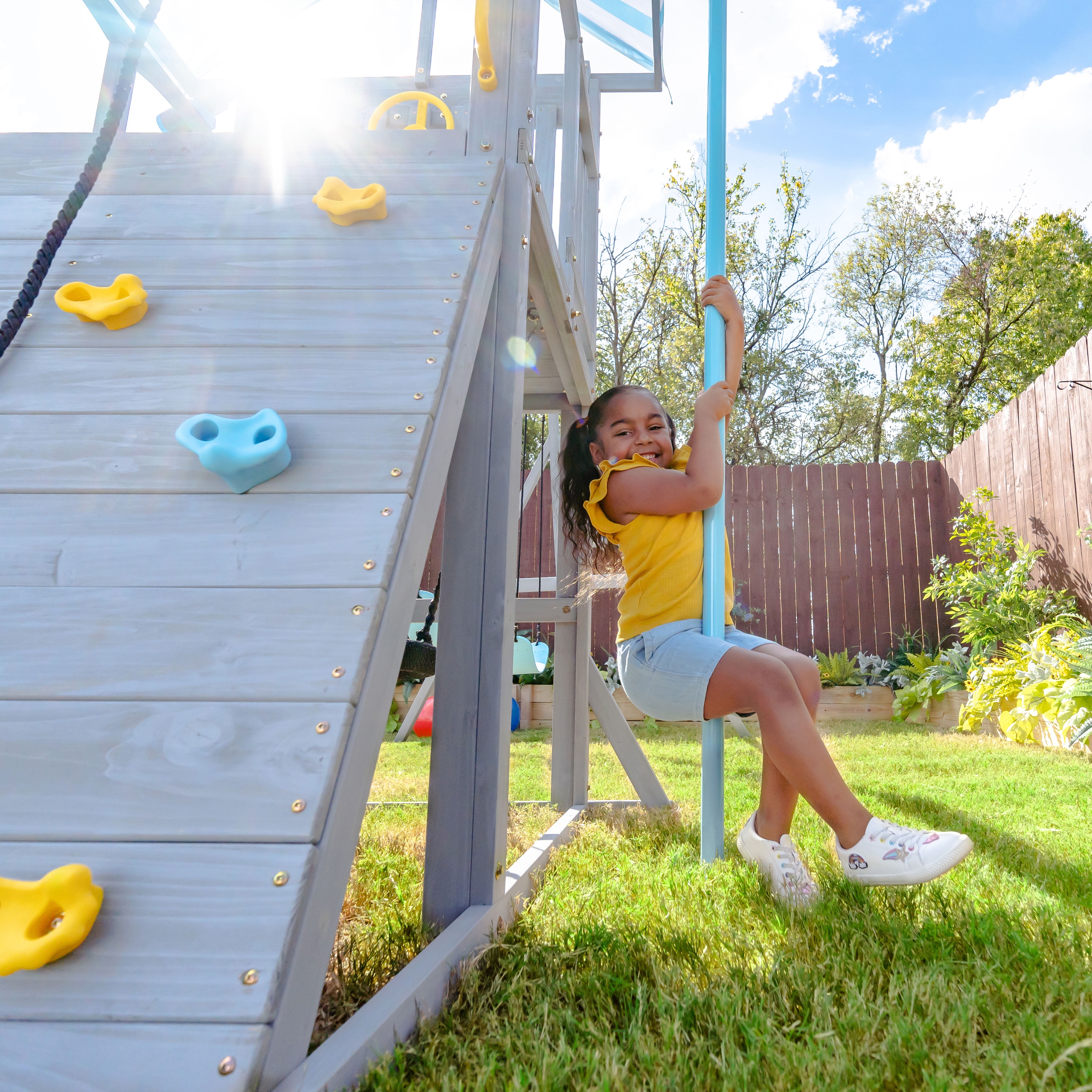 Teamson Kids Everett Plus Swing Set Playset with Platform & Rock Wall, Gray