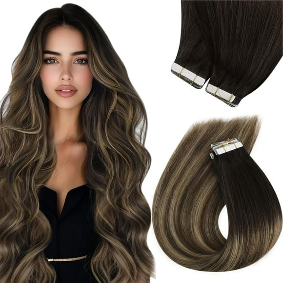 Sunny Hair Tape in Hair Extensions Human Hair Invisible Tape in Extensions 20Pcs Straight Remy Real Human Hair Extensions for Women Natural Black Ombre Brown Balayage Ash Brown 12inch