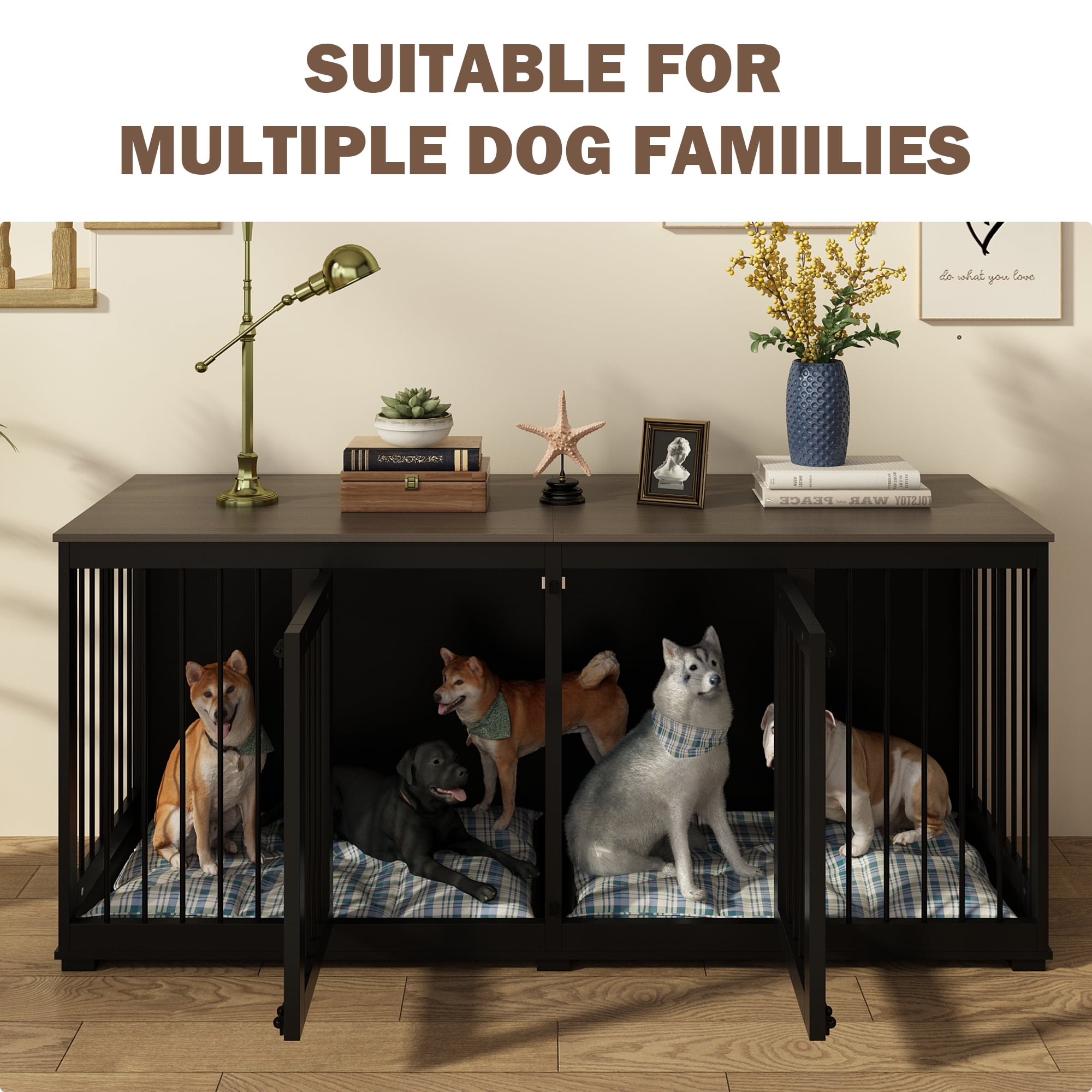 NARTRU Dog Crate Furniture, Wooden Dog Kennel with Tray and Divider, 70.9" , Black