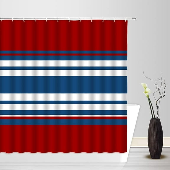 Navy Red Blue White Shower Curtain Modern Asbtarct Geometric Stripes Nautical Fashion Elegant Fabric Curtain Bathroom Decor Curtain with Hooks