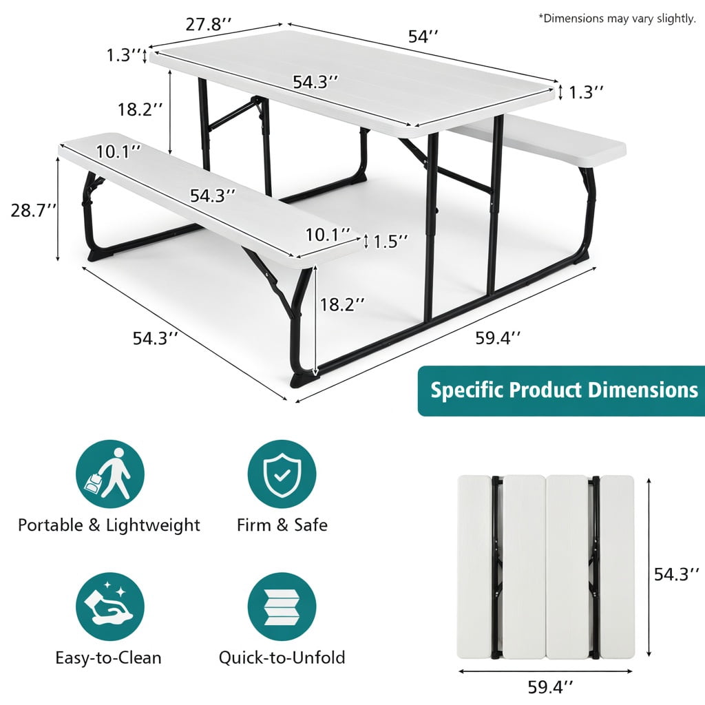 Hommoo Folding Outdoor Picnic Table & Bench Set, Wood-Grain HDPE Top, Steel Frame, Heavy-Duty Folding Patio Table for Backyard, Camping, Tailgating, White