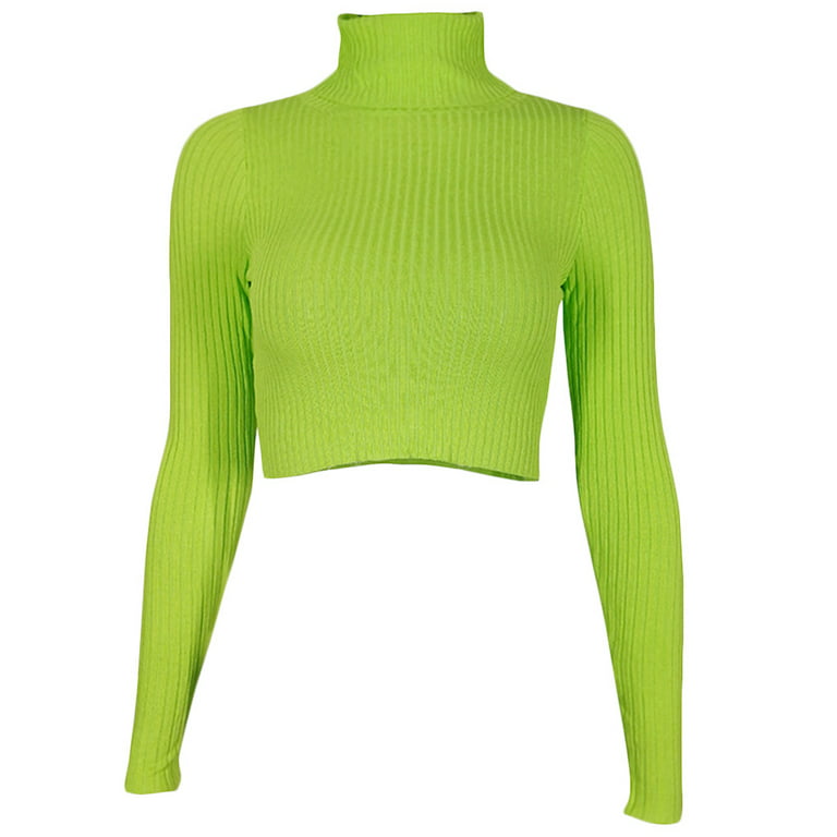 Long Sleeve Turtleneck Sweater Ribbed Knit Neon Green Bodycon Crop Top -