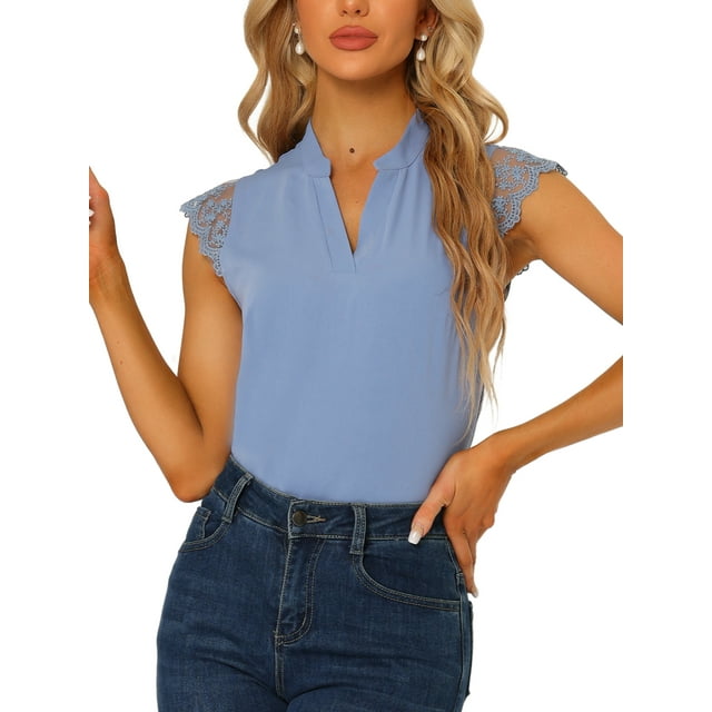 INSPIRE CHIC Women's Work Office V Neck Sleeveless Basic Blouse Top XS Gray Blue