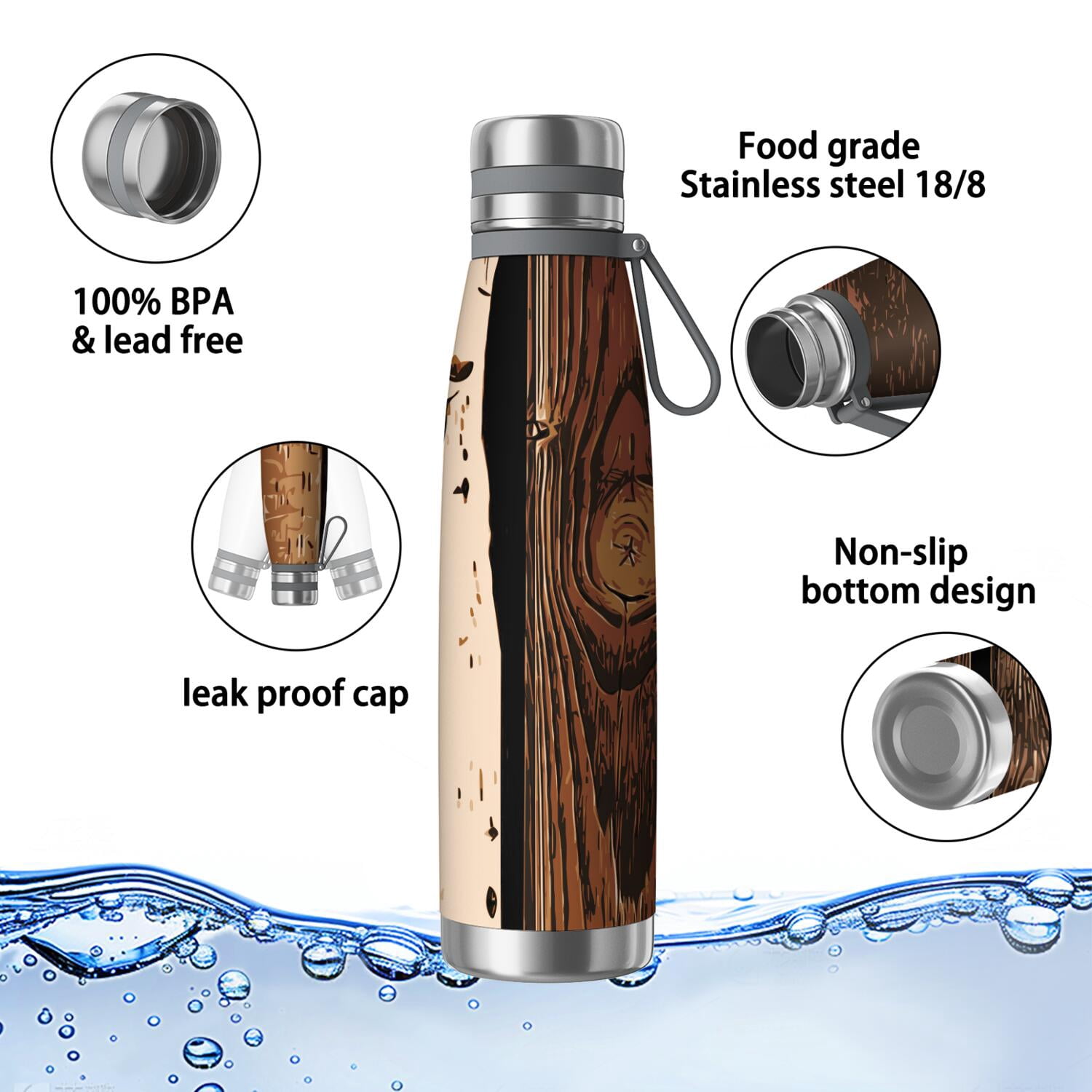 29oz Insulated Water Bottle with Tea Infuser, Stainless Steel Travel Mug, Wood Print