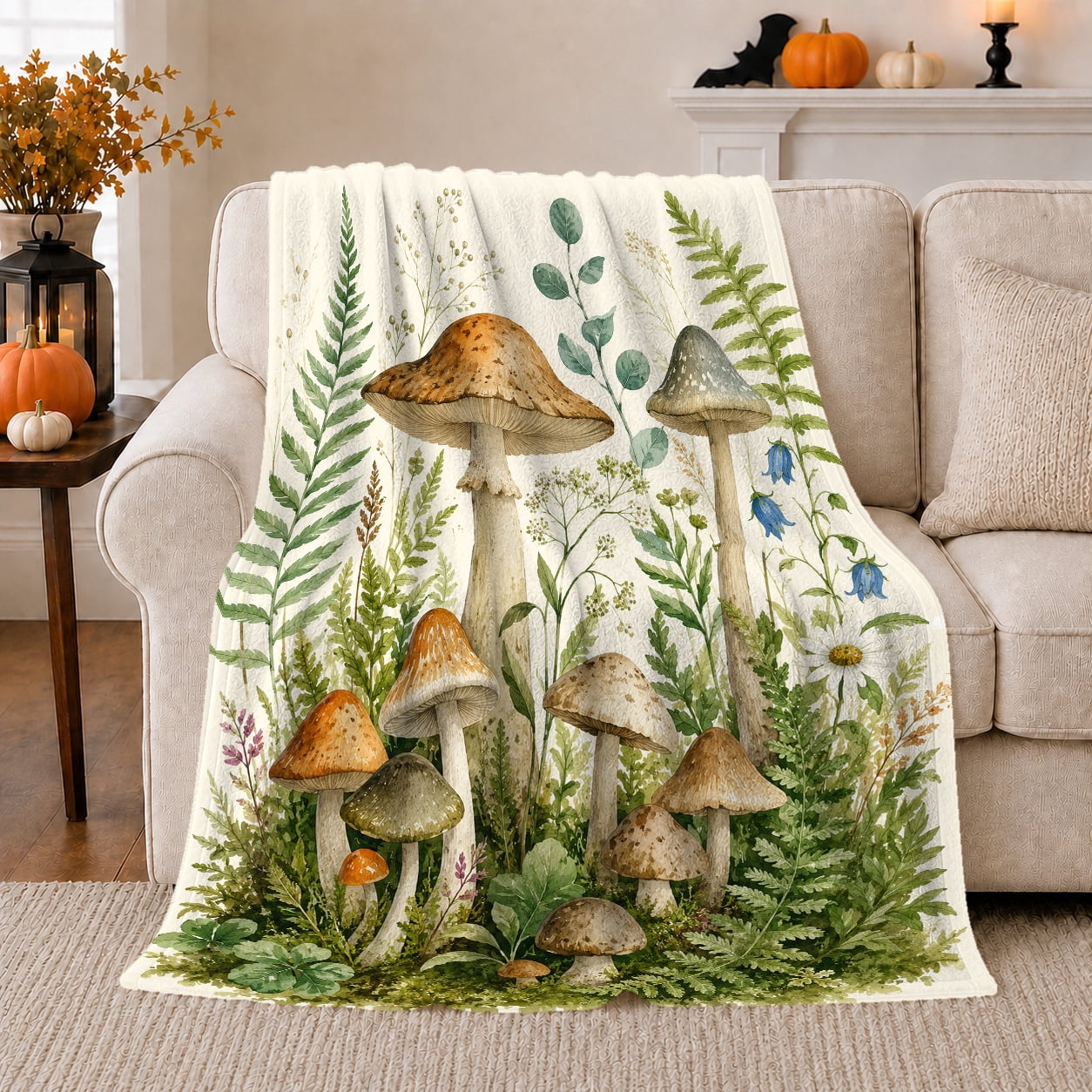 Whimsical Forest decorative motif Pumpkins Bat Mantel Earthy Watercolor Cozy Woodland Scene Warm Flannel Blanket for Cabin and Lodge Garden Lovers Thanksgiving Gift Botanical Home Decor