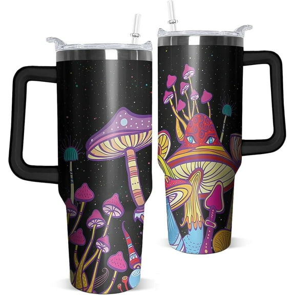 Mushroom Tumbler with Handle and Straw 40oz Mushroom Tumbler Coffee Travel Mug Mushroom Cup Leak Proof Insulated Tumbler Mushroom Stuff Gifts for Women-(pink purple)