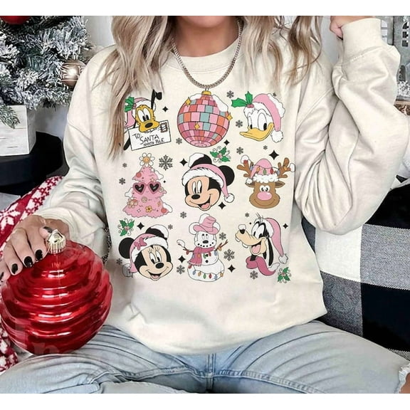 Vintage Pink Mickey and Friends Christmas Sweatshirt, Disney Christmas shirt, Mickey's very merry Christmas Party shirt