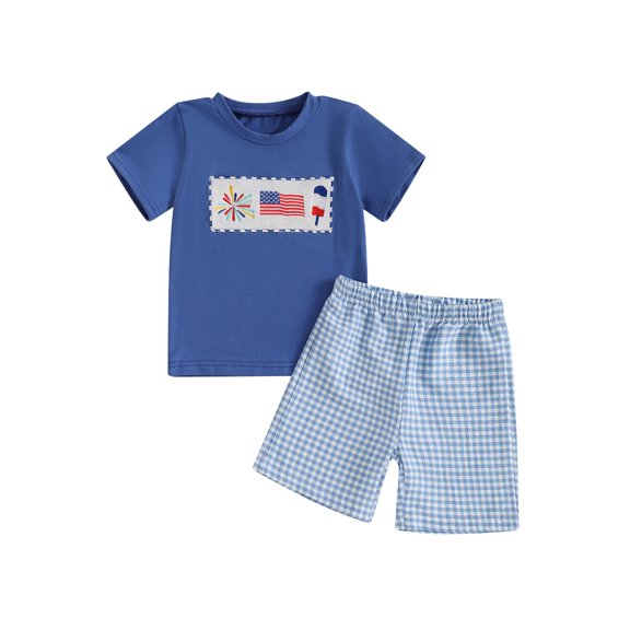 BemeyourBBs Kids Boys Shorts Set Short Sleeve Embroidery T-shirt with Plaid Shorts
