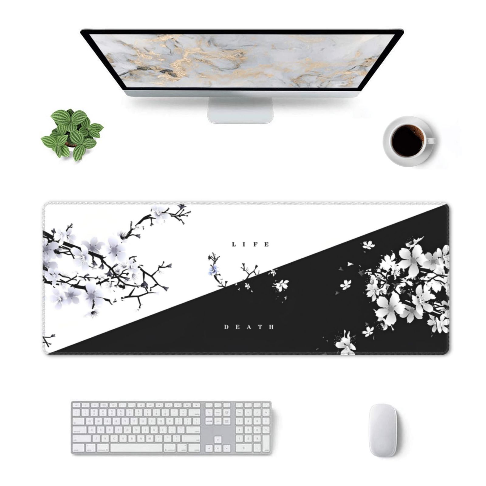 Black White Cherry Blossoms Mouse Pad Japanese Sakura Desk Mat 80X30cm Non-Slip Rubber Base Stitched Edge Large Play Mat For Keyboard Gaming Laptop Desktop,31.5×11.8 Inch