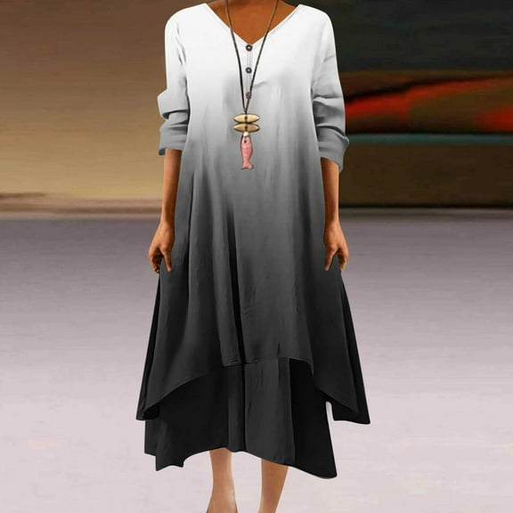 Ayolanni Womens Summer Dresses Under $10 Black V-Neck Long Sleeve Ombre Maxi Dresses Cute Dresses for Teens L