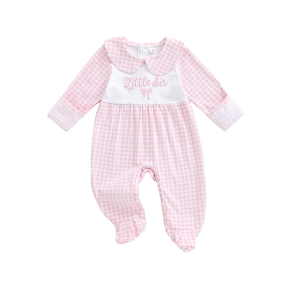 BemeyourBBs Newborn Baby Girl Little Sister Outfit Plaid Footied Romper Little Sis Bow Embroidery Long Sleeve Doll Collar Full Length Footed Jumpsuit Cute Infant Girls Spring Fall Winter Clothes