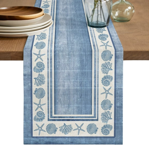 Blue Beach Coastal Table Runner 108 Inches Long,Summer Nautical Starfish Shell Coral Vintage Cotton Linen Table Runners Dresser Scarves,Fabric Tabletop Scarf Furniture Cover for Dinner Party 13"x108"
