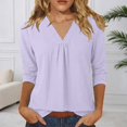 thumbnail image 2 of DHFJKG Womens V Neck T Shirt Loose Fit 3/4 Sleeve Solid Color Basic Tee Summer Breathable Linen Beach Vacation Clothes Comfy Tops, 2 of 5