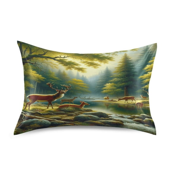 Satin Pillow Case Standard Silk Pillow Cover for Hair and Skin Envelope Closure Deer in Forest by Water 20"x26"