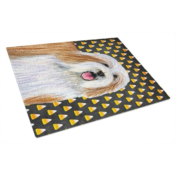 Caroline's Treasures Bearded Collie Candy Corn Halloween Portrait Glass Cutting Board Large