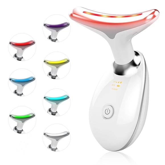 Dispositivo de belleza facial Herramienta de masaje facial para el cuidado de la piel basada en LED de triple acción térmica y vibración Luz LED roja y azul Masajeador de cara y cuello LED de 7 colore