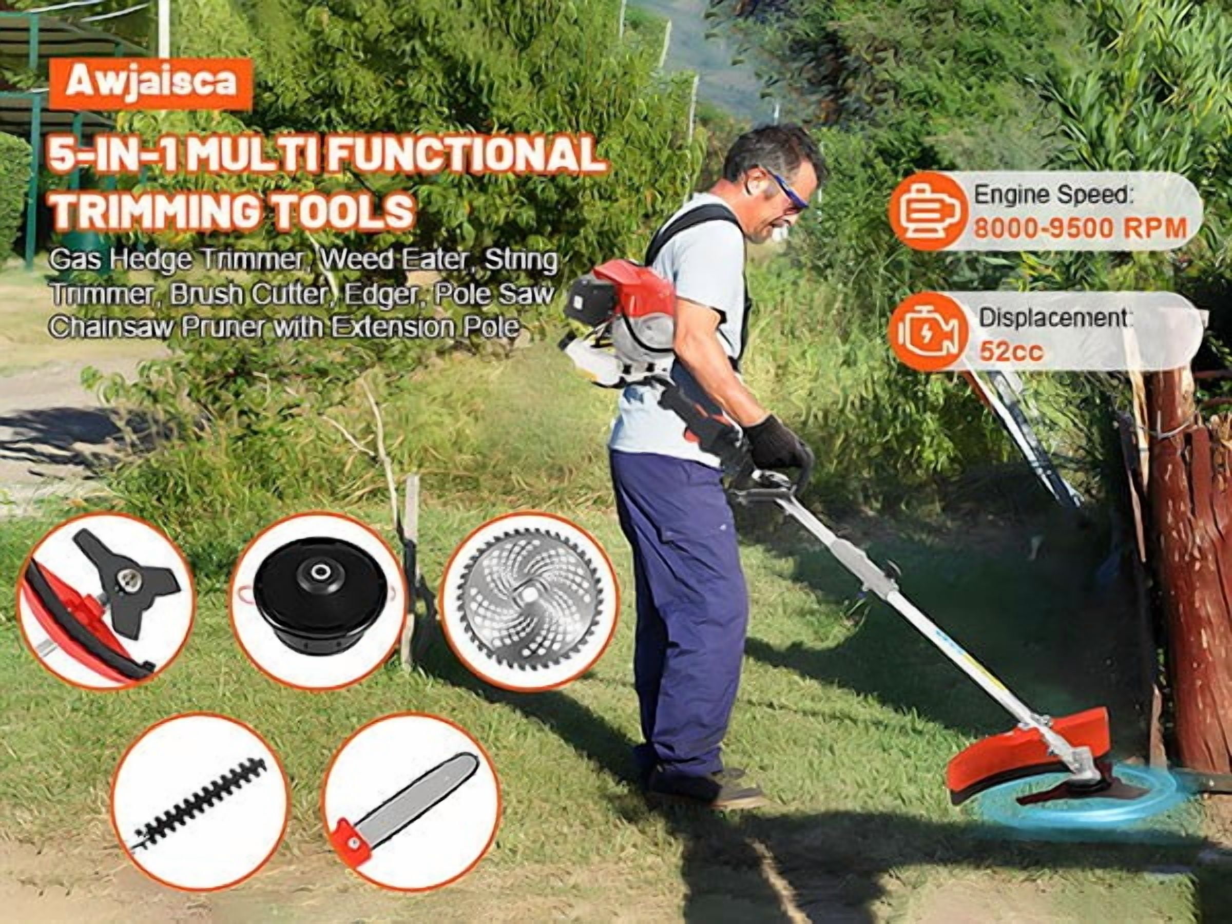 52cc 2-Cycle Gas Weed Eater Gas Powe, 5-in-1 Gas Weed Wacker, Brush Cutter Gas Trimmer for Grass and Weed, Hedge Trimmer Gas String Trimmer, Edger, Pole Saw & Pruner