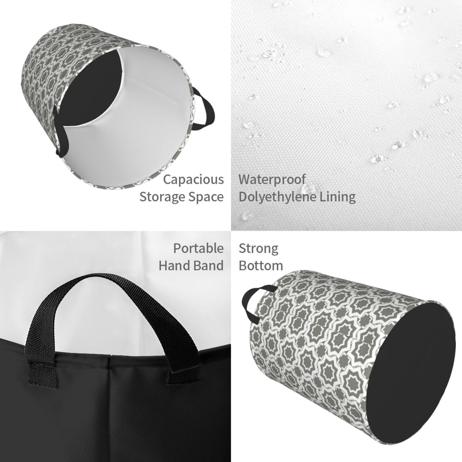 Large Laundry Basket with Handles - Gray Geometric Star Array Kids Baby Dirty Clothes Laundry Hamper for Bedroom Aesthetic