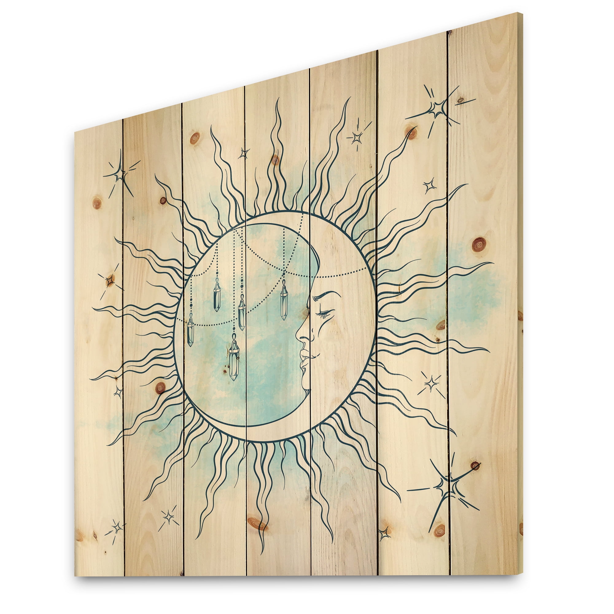 Designart 'Blue Crescent Moon With Stars and Moonstone Pendants' Bohemian & Eclectic Print on Natural Pine Wood