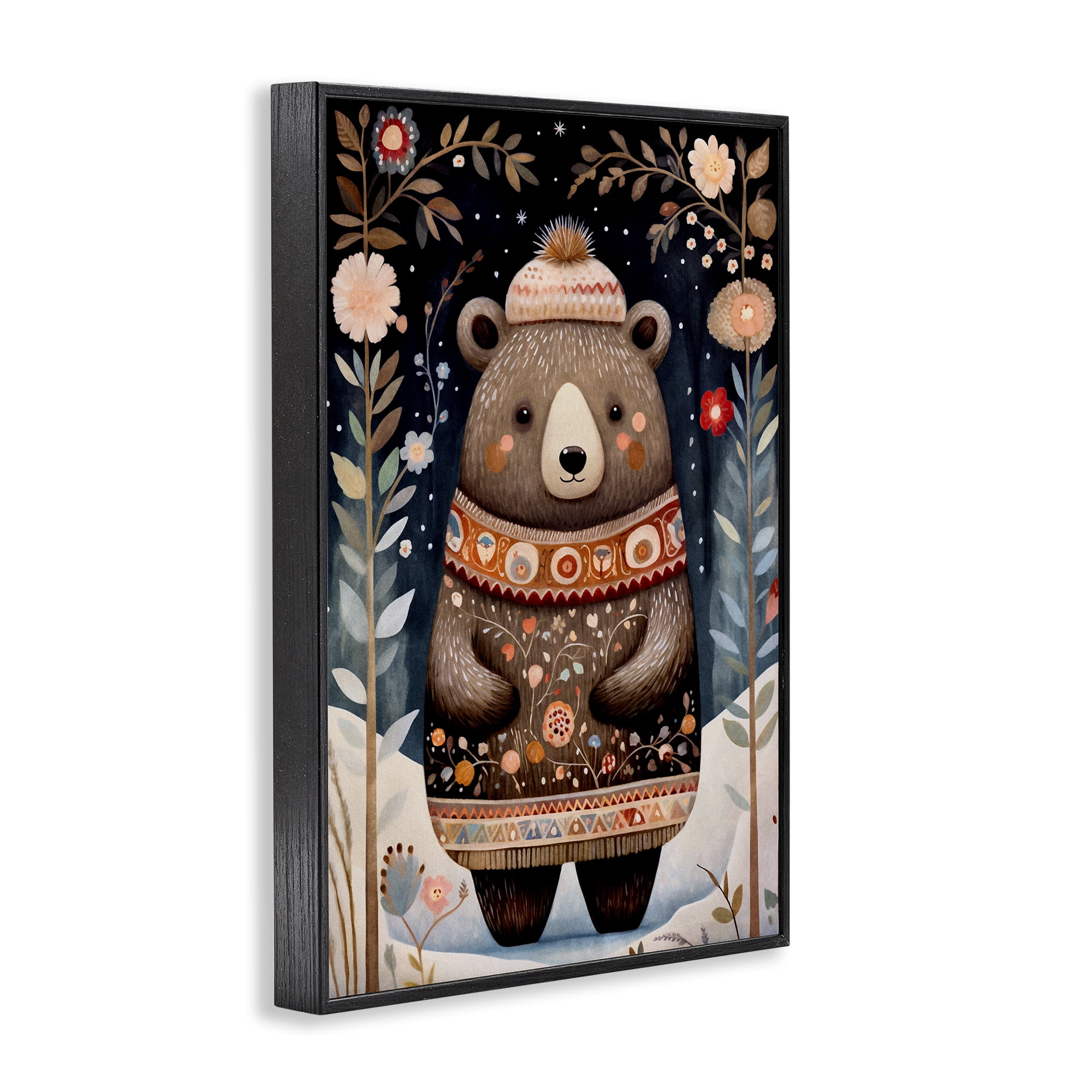 Stupell Industries Winter Woodland Bear Animals & Insects Painting Black Framed Art Print Wall Art, 16 x 24