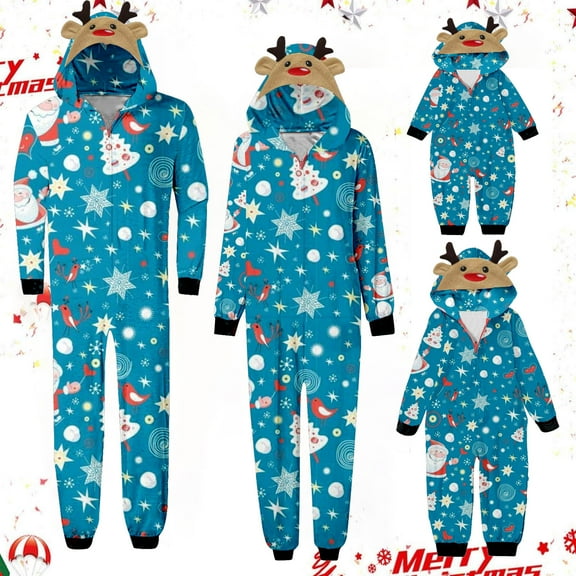 Odeerbi Matching Family Christmas Pajamas Sets Parent-Child Warm Hooded Jumpsuit Set Xmas Printed Home Wear Loungewear Sleepwear Jammies for Dad