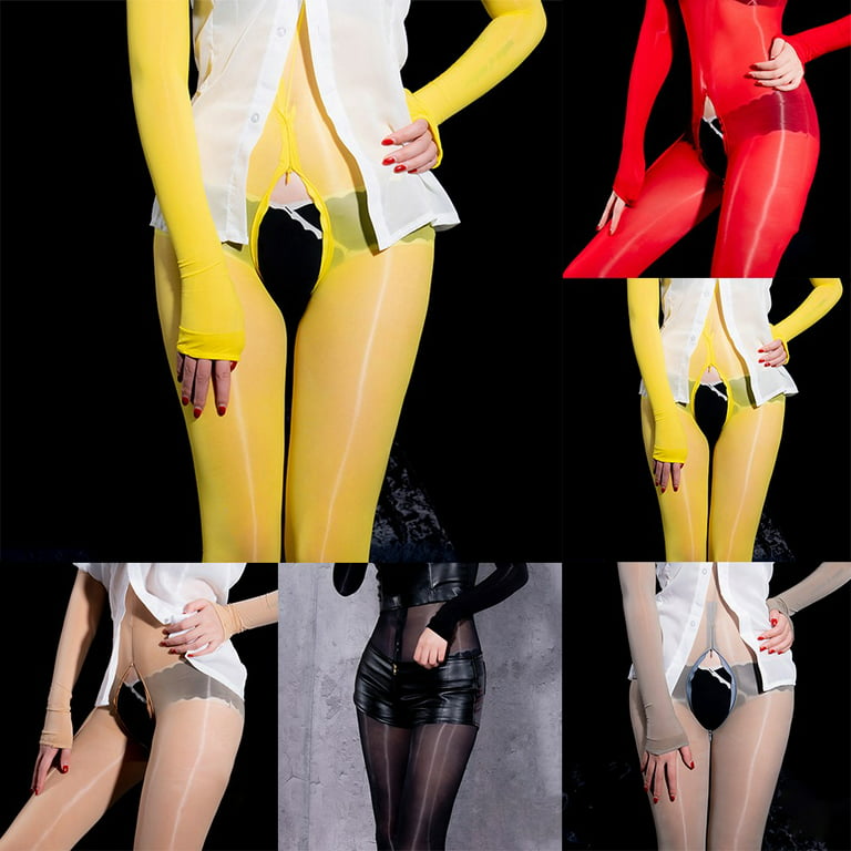 YIWEI Womens Silky See Through Leggings High Elastic Sheer Ultra-Thin  Skinny Trousers Yellow M