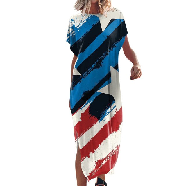 SMihono Robe Maxi Bohème d'Été pour Femmes Grande Taille Robe Maxi pour Femmes Plage Vacances Décontractée Ample Longue Robe Manches Courtes Robes d'Été avec Fente Robe Évasée de Plage